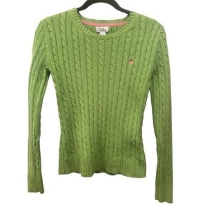 Lilly Pulitzer Green Cable Knit Sweater Pink Palm Tree Sz XS Vintage